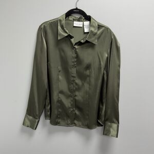 Jaclyn Smith Green  silky satin-look  Blouse Med Long Sleeve Button Front